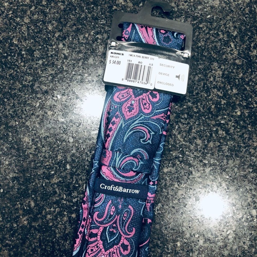 Men’s Paisley Navy Blue Pink Croft & Barrow Neck Tie - Picture 3 of 3